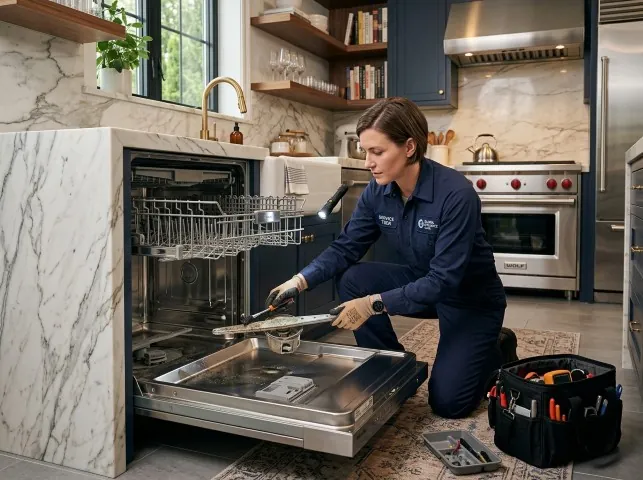 Appliance Repair Hero technician servicing a built-in dishwasher in a Brush Prairie, WA kitchen