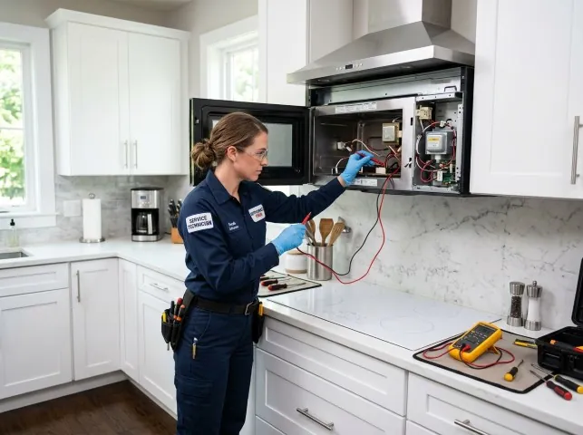 Appliance Repair Hero technician testing an over-the-range microwave in a Brush Prairie, WA kitchen