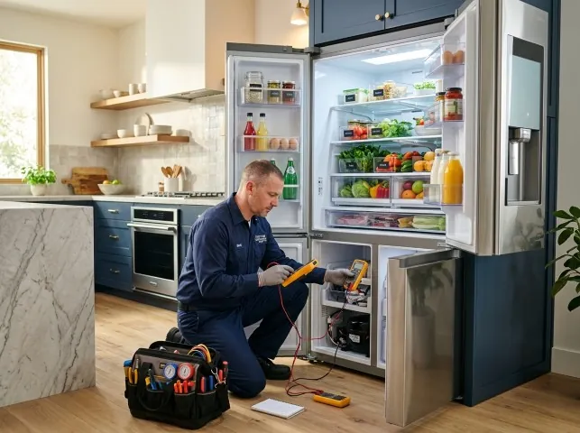 Appliance Repair Hero refrigerator technician testing a fridge on a Brush Prairie, WA service call